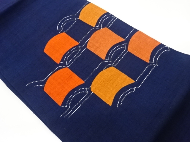 リサイクル　手織り紬切り嵌め刺し子瓦模様名古屋帯